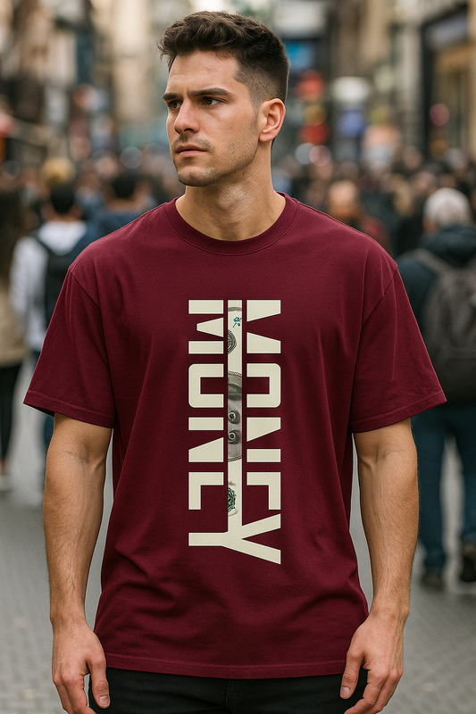 Man wearing a maroon t-shirt with a graphic design on a busy street